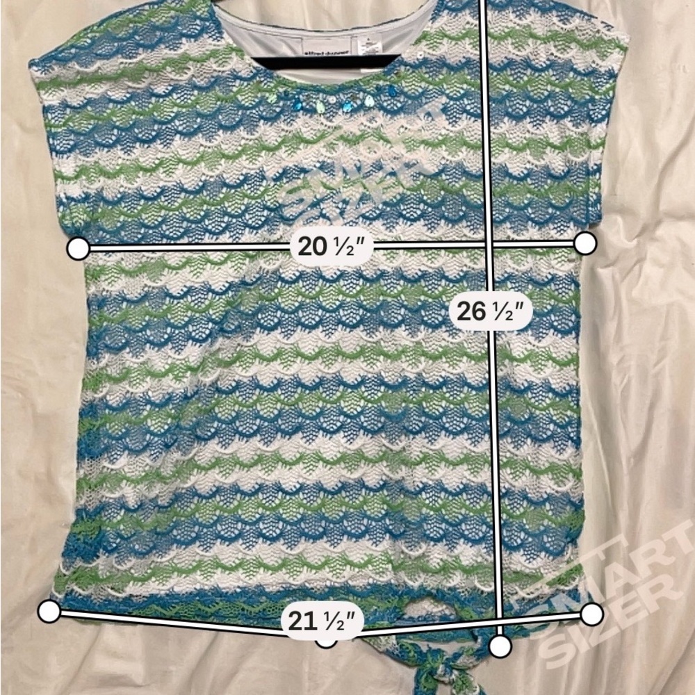 Alfred Dunner Open Knit Crochet Top Blue Green Stripe Coastal Grandma Large - Picture 3 of 6